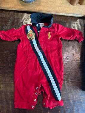 Ralph Lauren Baby Boy Red Big Pony Crest Rugby Romper Coverall 3M
